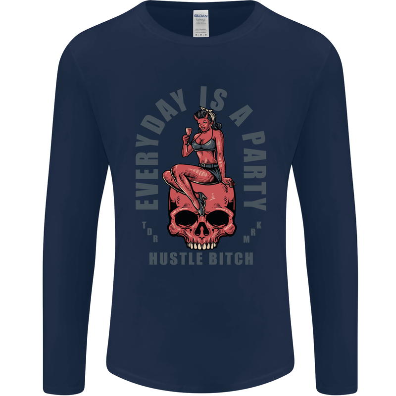 Every Day Is a Party Hustle Skull Alcohol Mens Long Sleeve T-Shirt Navy Blue