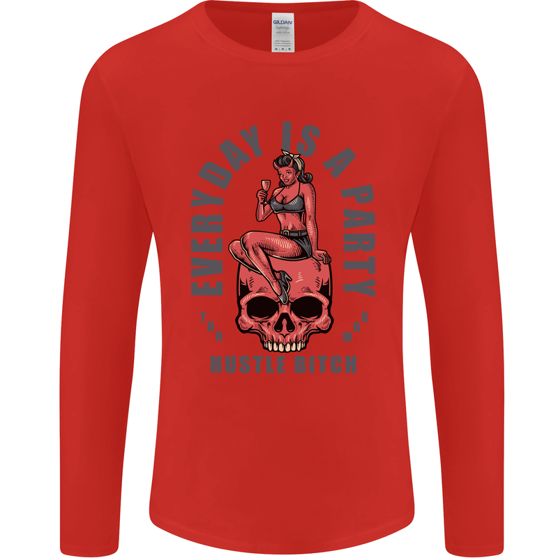 Every Day Is a Party Hustle Skull Alcohol Mens Long Sleeve T-Shirt Red