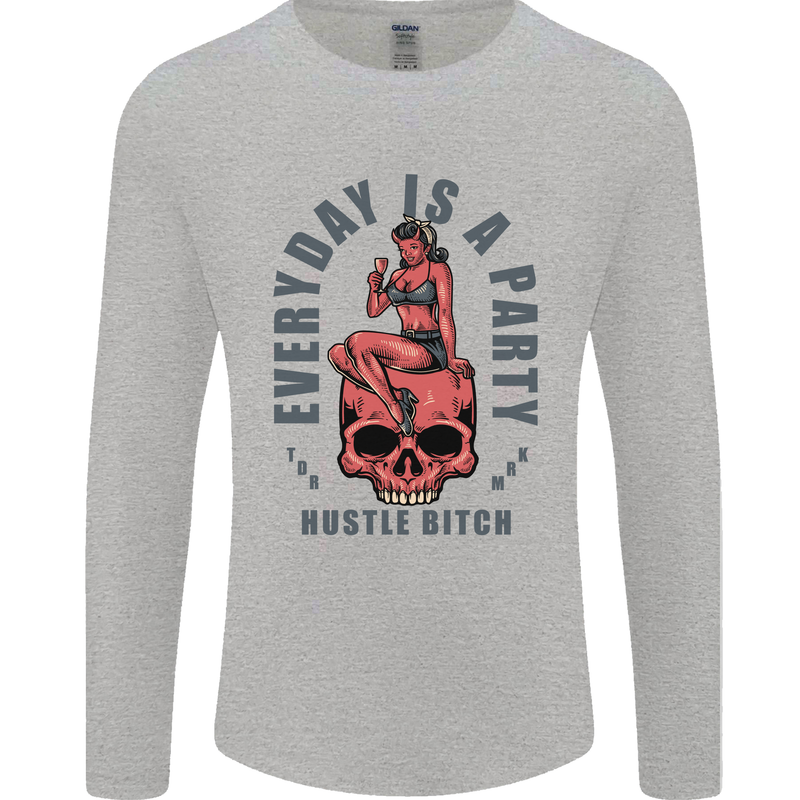 Every Day Is a Party Hustle Skull Alcohol Mens Long Sleeve T-Shirt Sports Grey