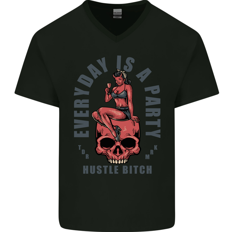 Every Day Is a Party Hustle Skull Alcohol Mens V-Neck Cotton T-Shirt Black