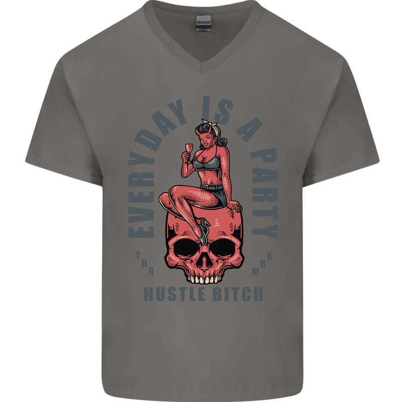 Every Day Is a Party Hustle Skull Alcohol Mens V-Neck Cotton T-Shirt Charcoal