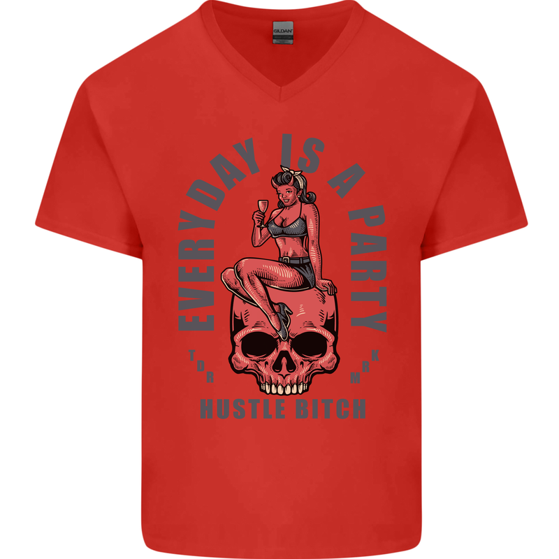 Every Day Is a Party Hustle Skull Alcohol Mens V-Neck Cotton T-Shirt Red