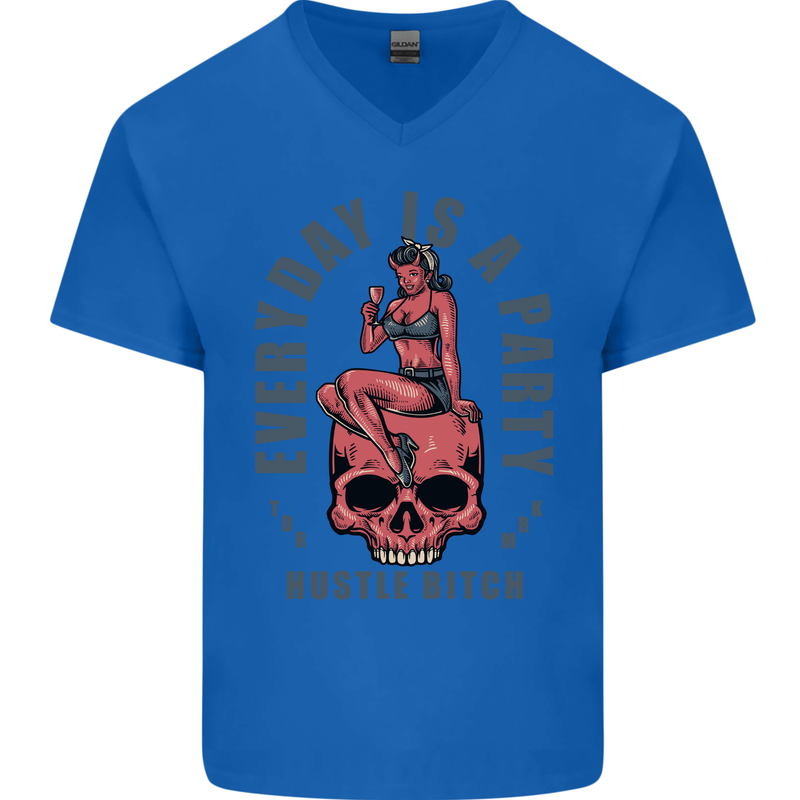 Every Day Is a Party Hustle Skull Alcohol Mens V-Neck Cotton T-Shirt Royal Blue
