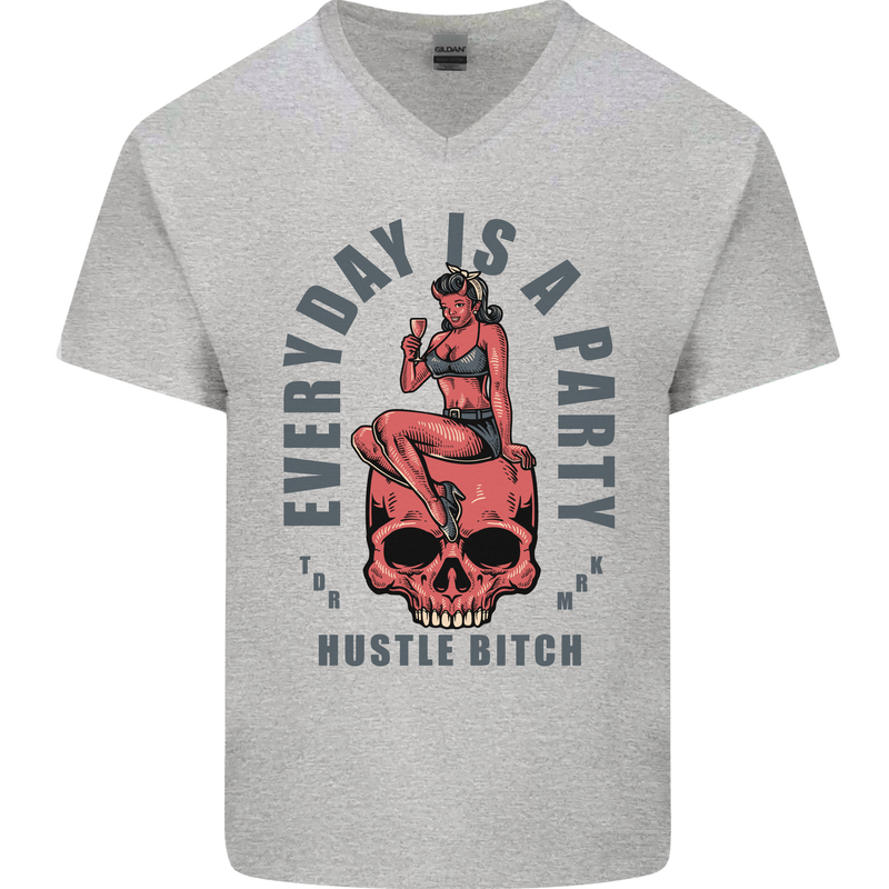Every Day Is a Party Hustle Skull Alcohol Mens V-Neck Cotton T-Shirt Sports Grey