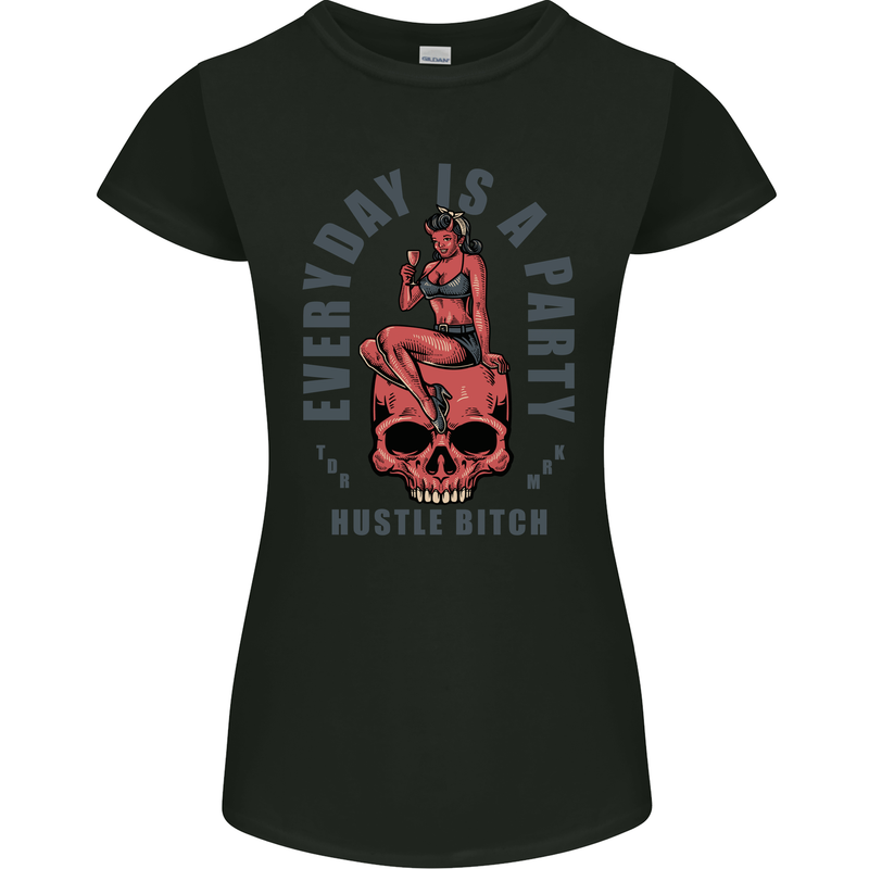 Every Day Is a Party Hustle Skull Alcohol Womens Petite Cut T-Shirt Black