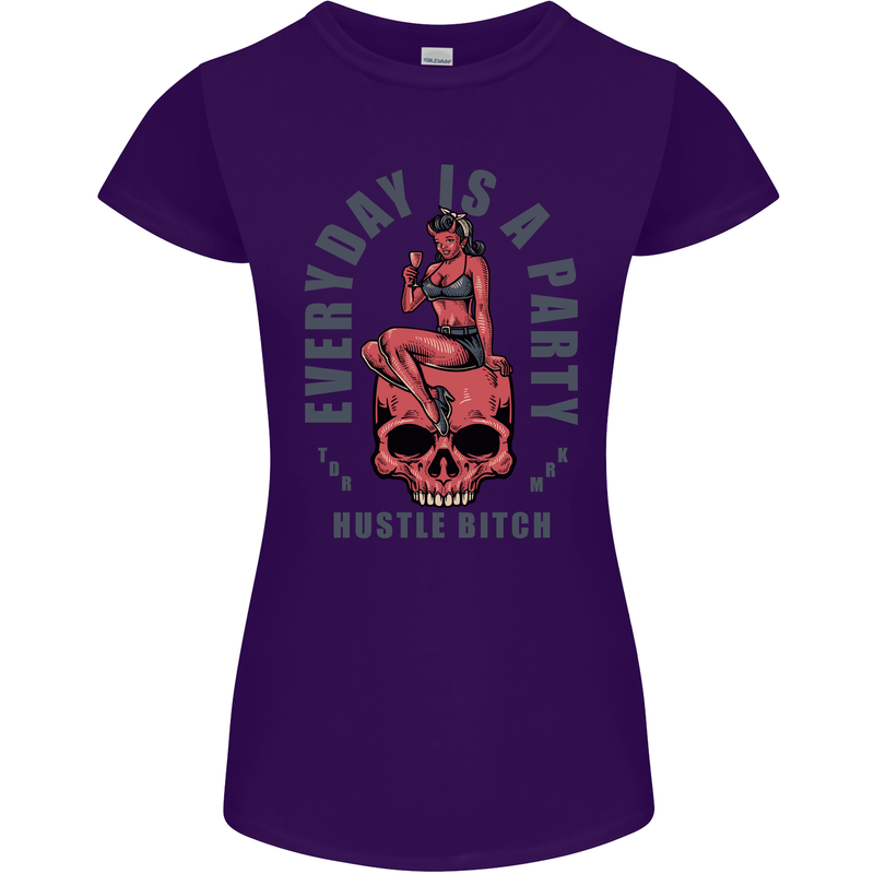 Every Day Is a Party Hustle Skull Alcohol Womens Petite Cut T-Shirt Purple