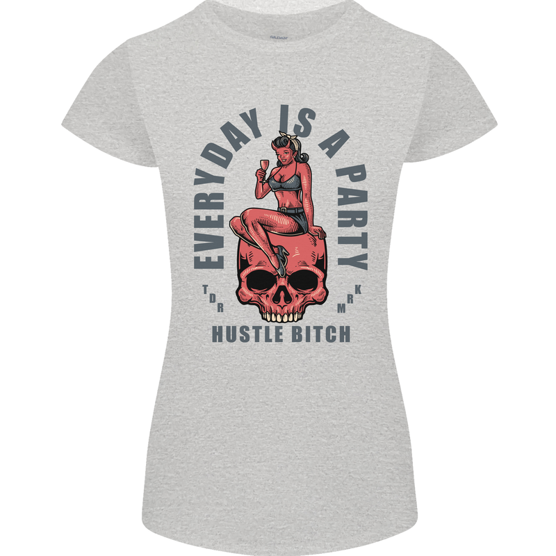 Every Day Is a Party Hustle Skull Alcohol Womens Petite Cut T-Shirt Sports Grey