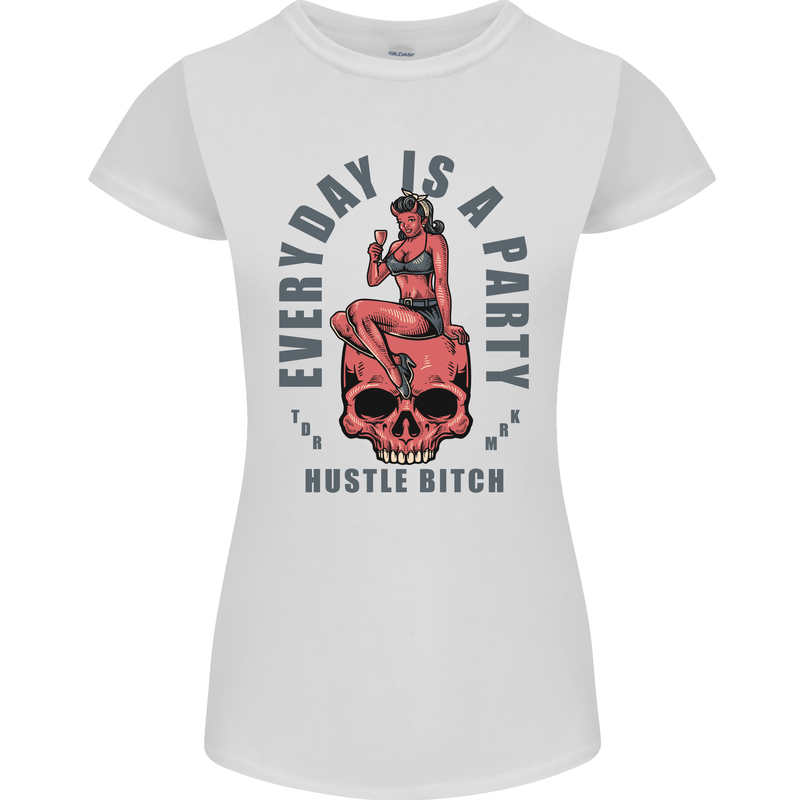 Every Day Is a Party Hustle Skull Alcohol Womens Petite Cut T-Shirt White