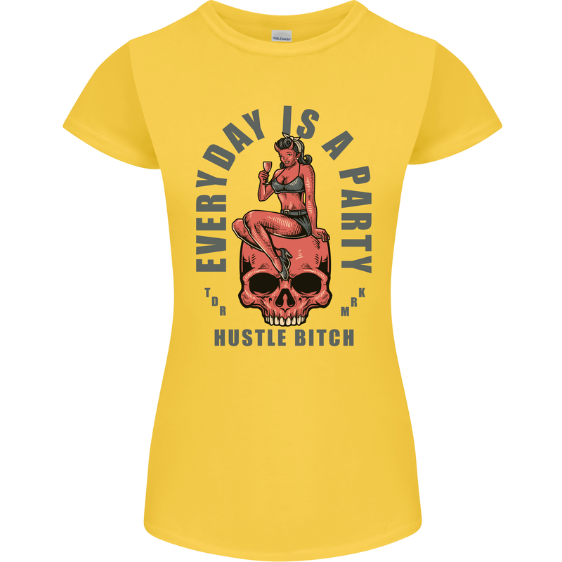 Every Day Is a Party Hustle Skull Alcohol Womens Petite Cut T-Shirt Yellow