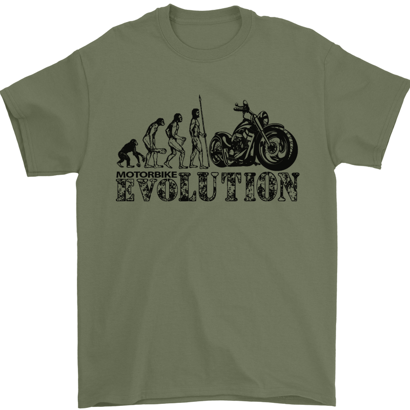 Evolution of Motorcycle Motorbike Biker Mens T-Shirt Cotton Gildan Military Green