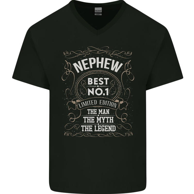 Father's Day No 1 Nephew Man Myth Legend Mens V-Neck Cotton T-Shirt Black