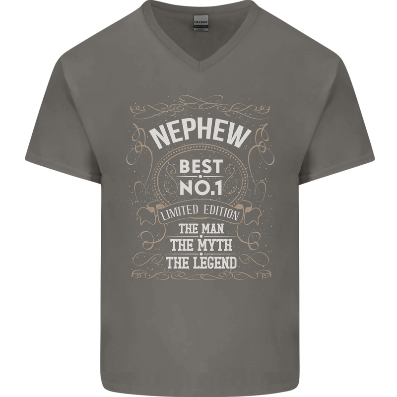 Father's Day No 1 Nephew Man Myth Legend Mens V-Neck Cotton T-Shirt Charcoal