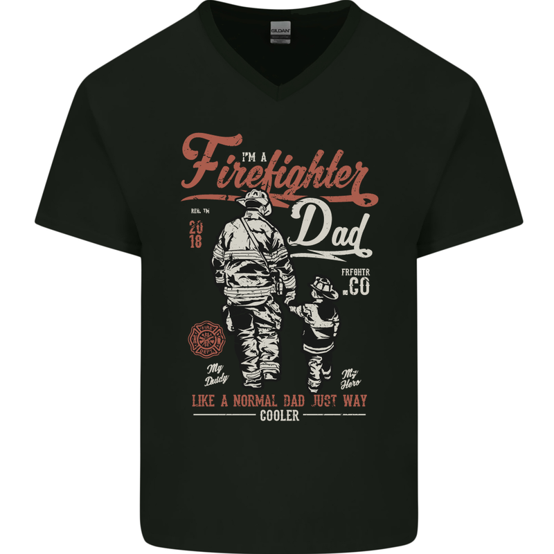 Firefighter Dad Father's Day Fireman Mens V-Neck Cotton T-Shirt Black