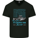 Fishing It's Cheaper Than Therapy Fisherman Mens V-Neck Cotton T-Shirt Black