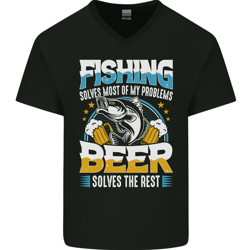 Fishing & Beer Funny Fisherman Alcohol Mens V-Neck Cotton T-Shirt Black
