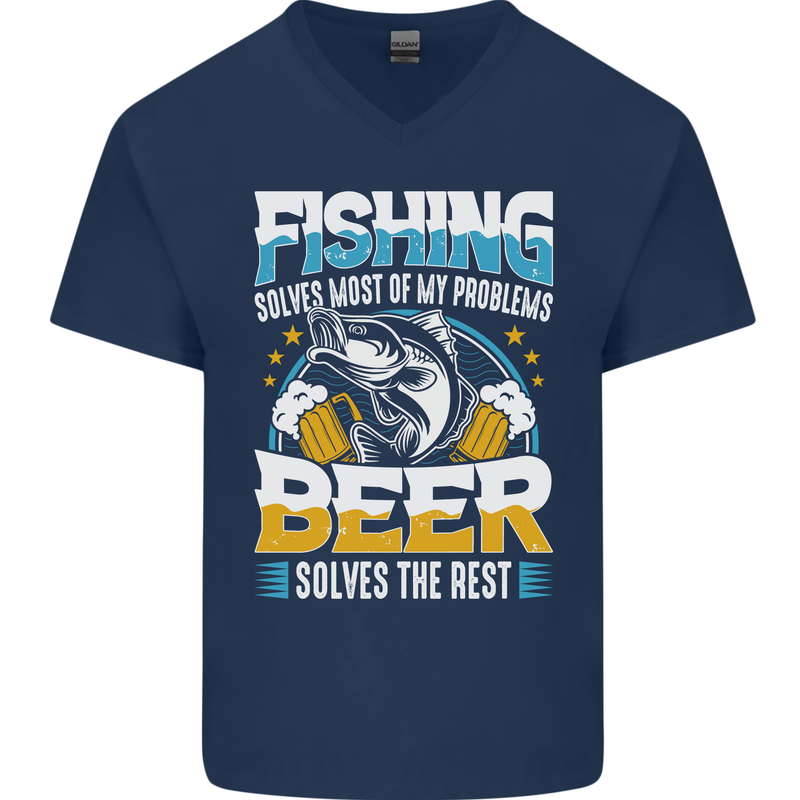 Fishing & Beer Funny Fisherman Alcohol Mens V-Neck Cotton T-Shirt Navy Blue