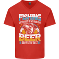 Fishing & Beer Funny Fisherman Alcohol Mens V-Neck Cotton T-Shirt Red