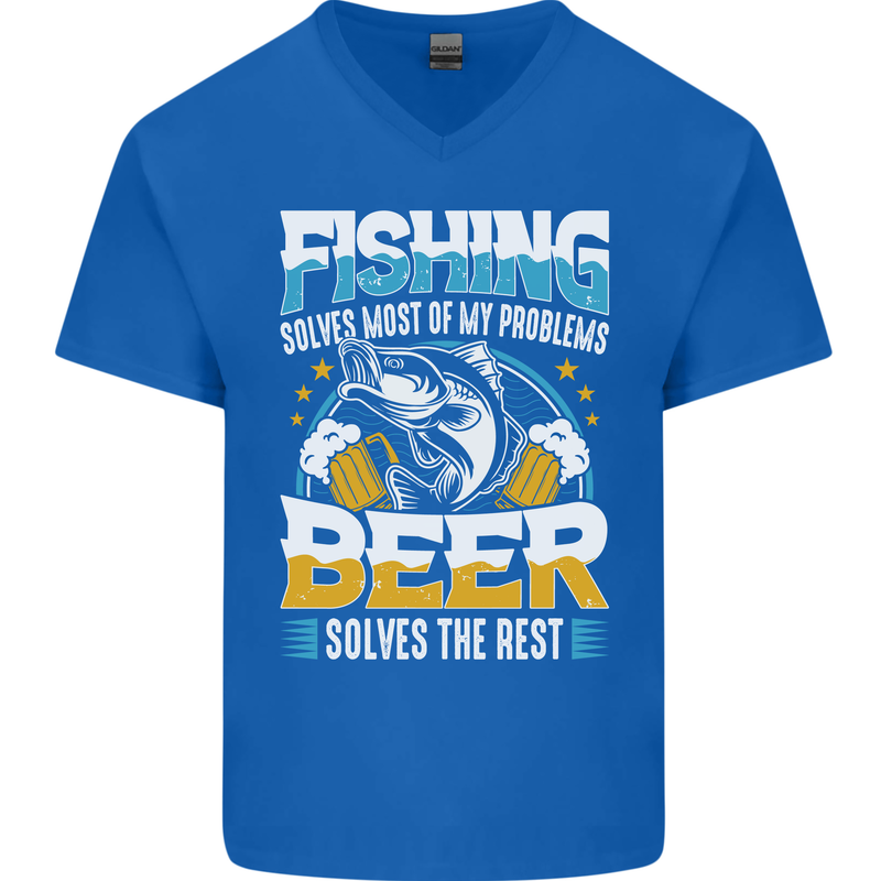 Fishing & Beer Funny Fisherman Alcohol Mens V-Neck Cotton T-Shirt Royal Blue