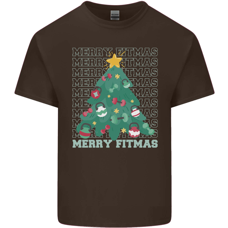 Fitness Merry Fitmas Christmas Tree Gym Mens Cotton T-Shirt Tee Top Dark Chocolate