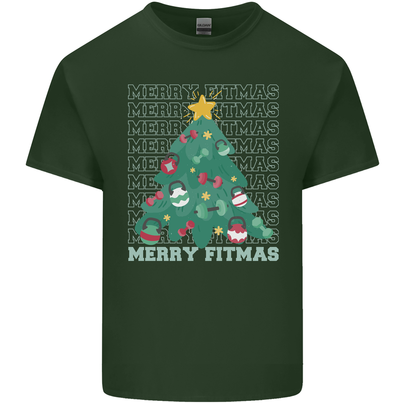 Fitness Merry Fitmas Christmas Tree Gym Mens Cotton T-Shirt Tee Top Forest Green
