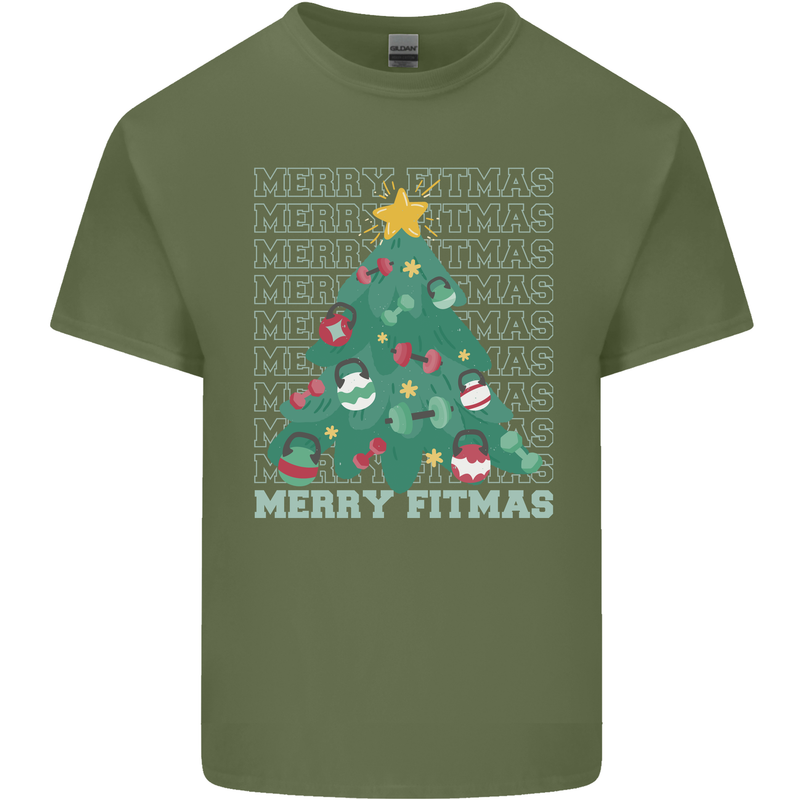 Fitness Merry Fitmas Christmas Tree Gym Mens Cotton T-Shirt Tee Top Military Green