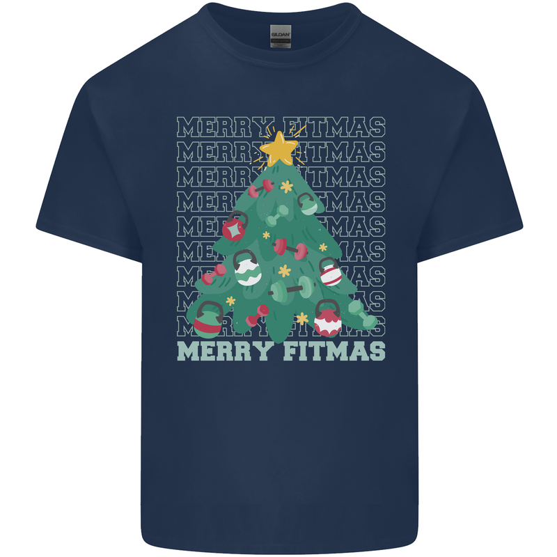 Fitness Merry Fitmas Christmas Tree Gym Mens Cotton T-Shirt Tee Top Navy Blue
