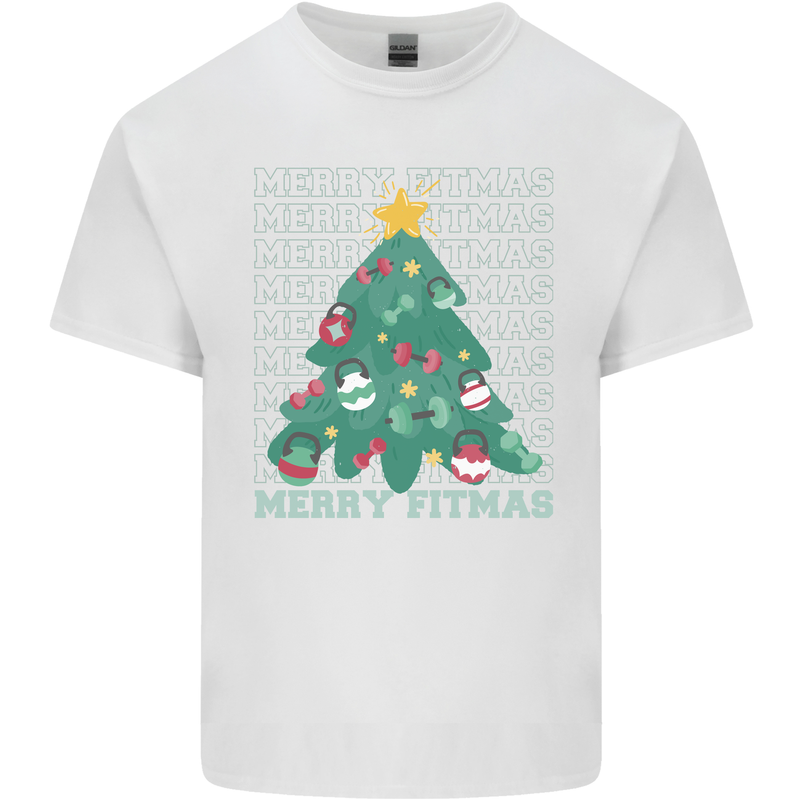 Fitness Merry Fitmas Christmas Tree Gym Mens Cotton T-Shirt Tee Top White