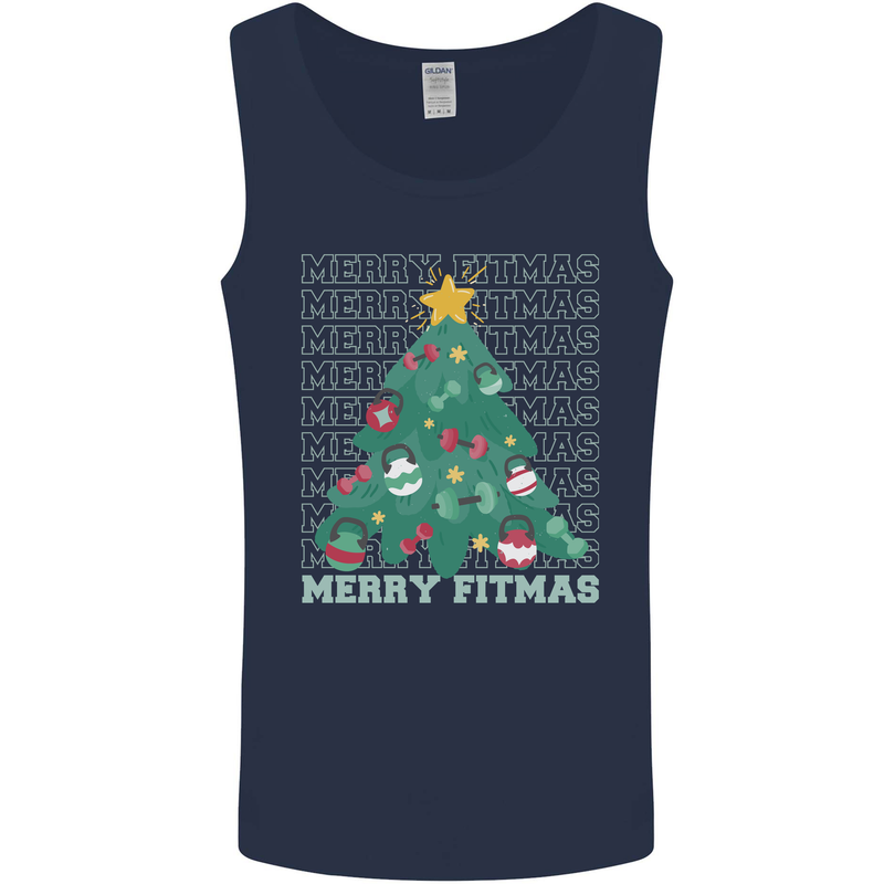 Fitness Merry Fitmas Christmas Tree Gym Mens Vest Tank Top Navy Blue