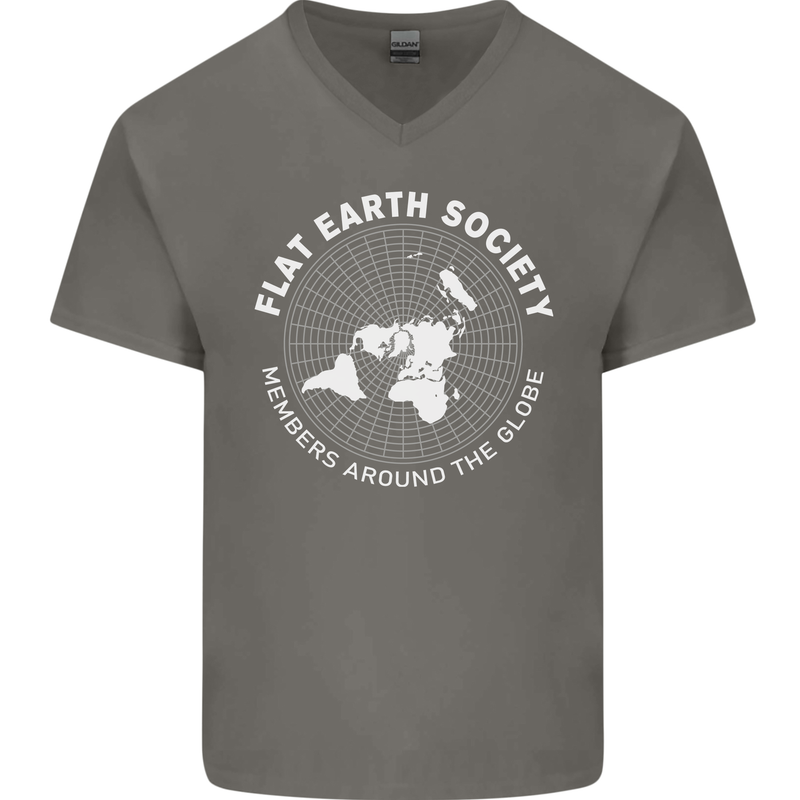 Flat Earth Society Members Around the Globe Mens V-Neck Cotton T-Shirt Charcoal