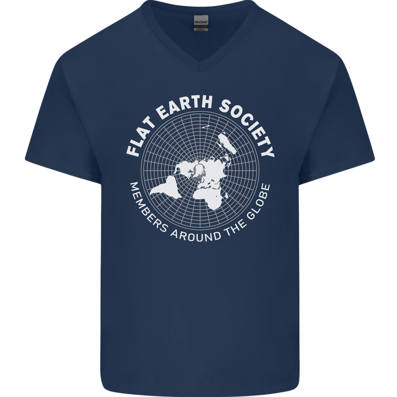 Flat Earth Society Members Around the Globe Mens V-Neck Cotton T-Shirt Navy Blue