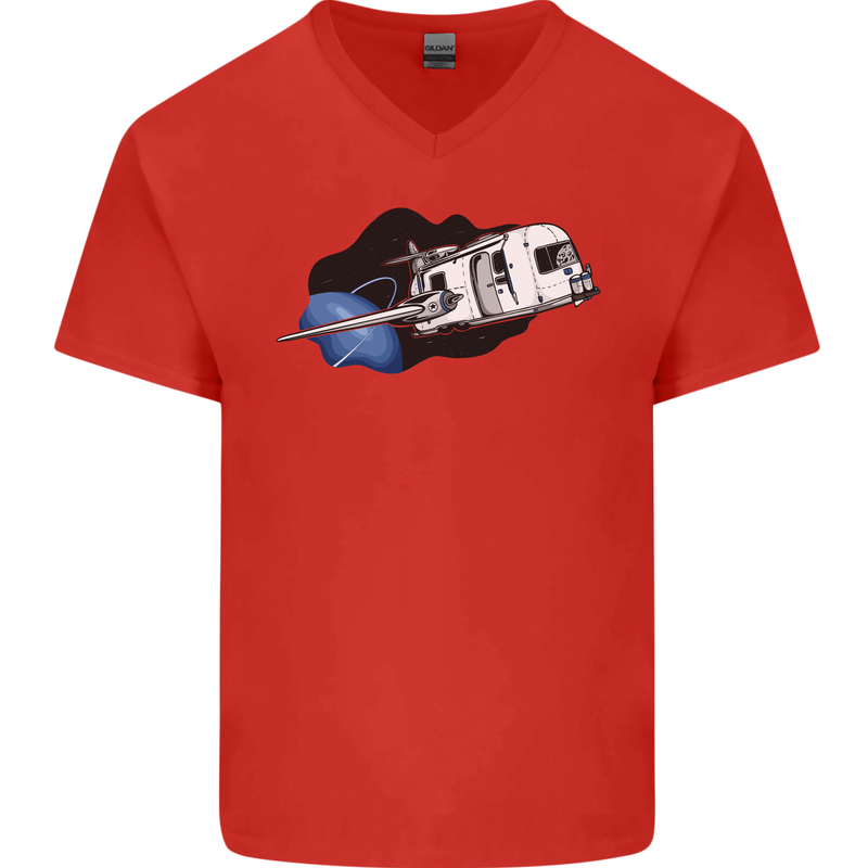 Funny Caravan Space Shuttle Caravanning Mens V-Neck Cotton T-Shirt Red