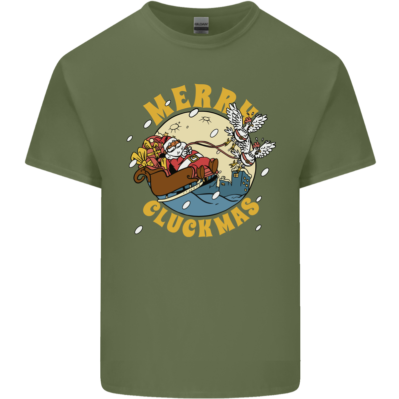 Funny Chickens Merry Cluckmas Mens Cotton T-Shirt Tee Top Military Green
