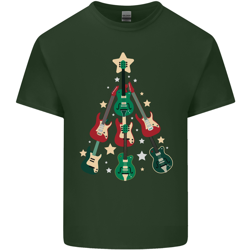 Funny Christmas Guitar Tree Rock Music Mens Cotton T-Shirt Tee Top Forest Green