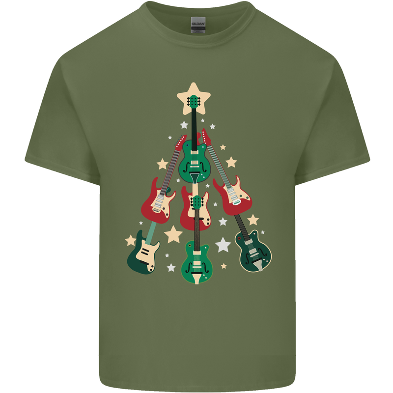 Funny Christmas Guitar Tree Rock Music Mens Cotton T-Shirt Tee Top Military Green