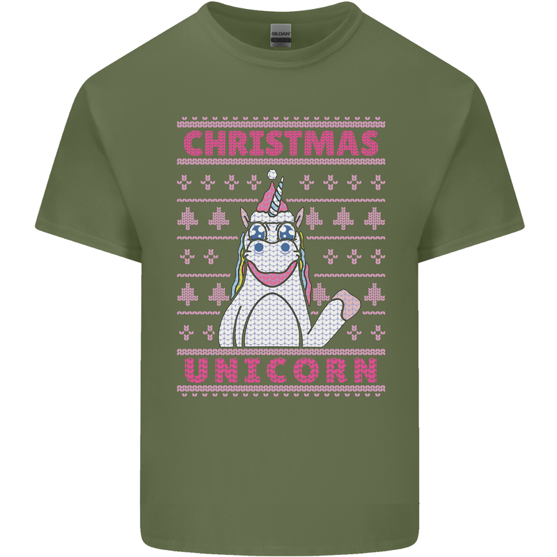 Funny Christmas Unicorn Mens Cotton T-Shirt Tee Top Military Green