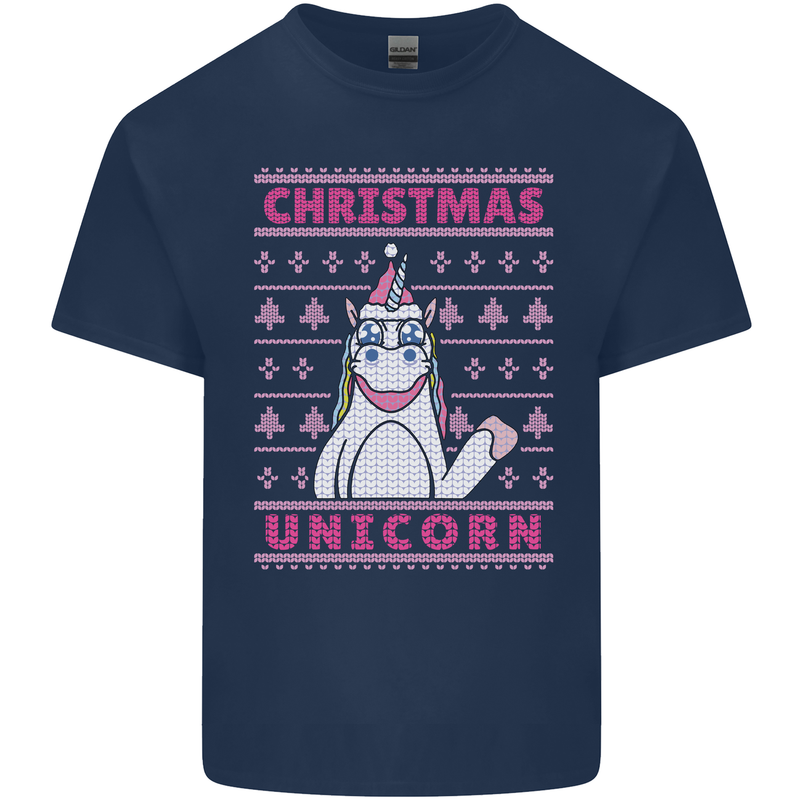 Funny Christmas Unicorn Mens Cotton T-Shirt Tee Top Navy Blue