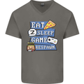 Gaming Eat Sleep Game Respawn Gamer Arcade Mens V-Neck Cotton T-Shirt Charcoal