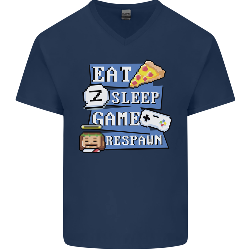 Gaming Eat Sleep Game Respawn Gamer Arcade Mens V-Neck Cotton T-Shirt Navy Blue