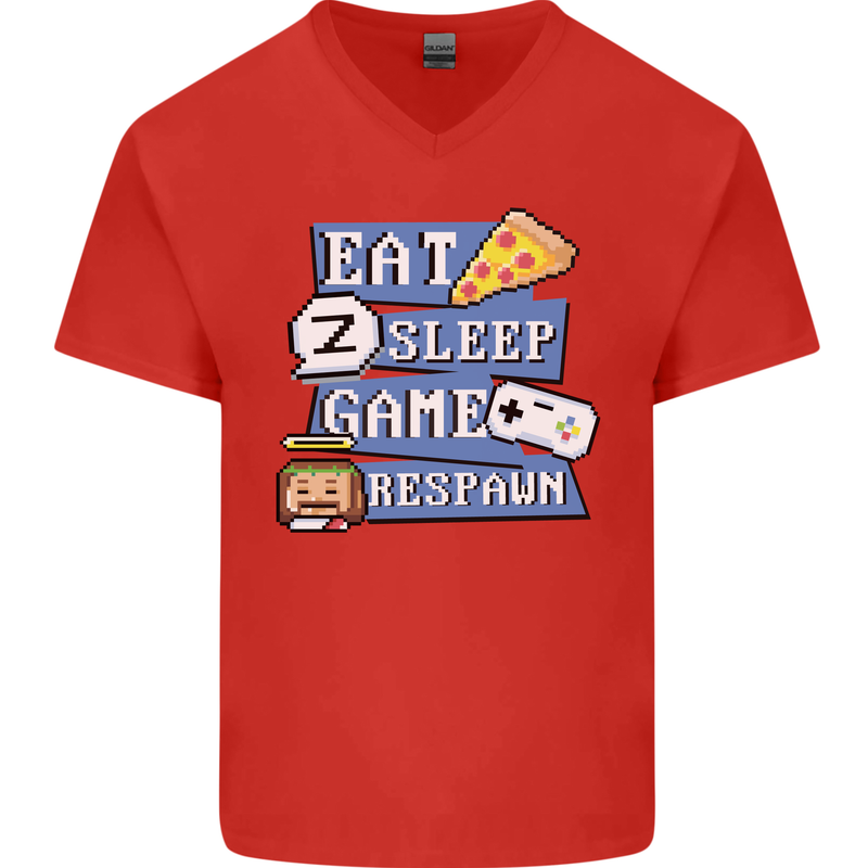 Gaming Eat Sleep Game Respawn Gamer Arcade Mens V-Neck Cotton T-Shirt Red