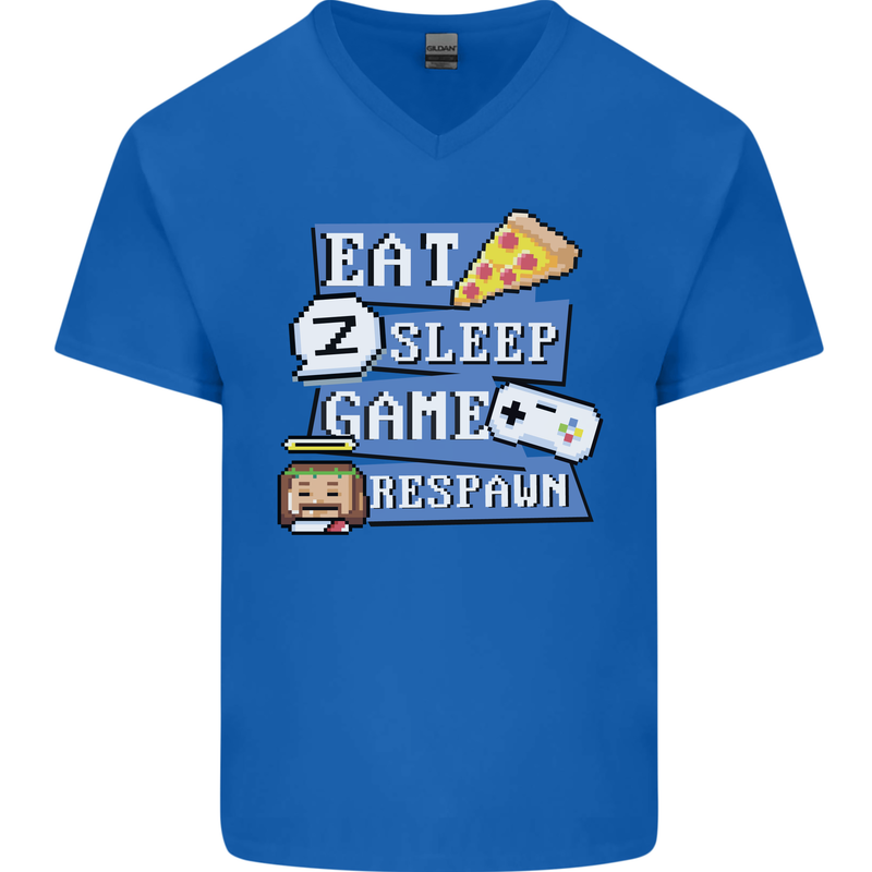 Gaming Eat Sleep Game Respawn Gamer Arcade Mens V-Neck Cotton T-Shirt Royal Blue