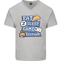 Gaming Eat Sleep Game Respawn Gamer Arcade Mens V-Neck Cotton T-Shirt Sports Grey