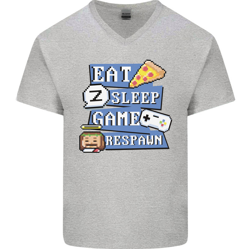 Gaming Eat Sleep Game Respawn Gamer Arcade Mens V-Neck Cotton T-Shirt Sports Grey