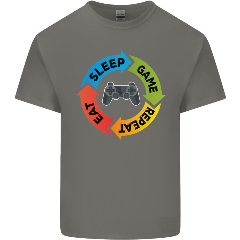 Gamming Eat Sleep Game Repeat Gamer Mens Cotton T-Shirt Tee Top Charcoal
