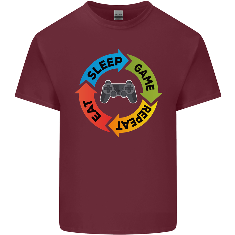 Gamming Eat Sleep Game Repeat Gamer Mens Cotton T-Shirt Tee Top Maroon