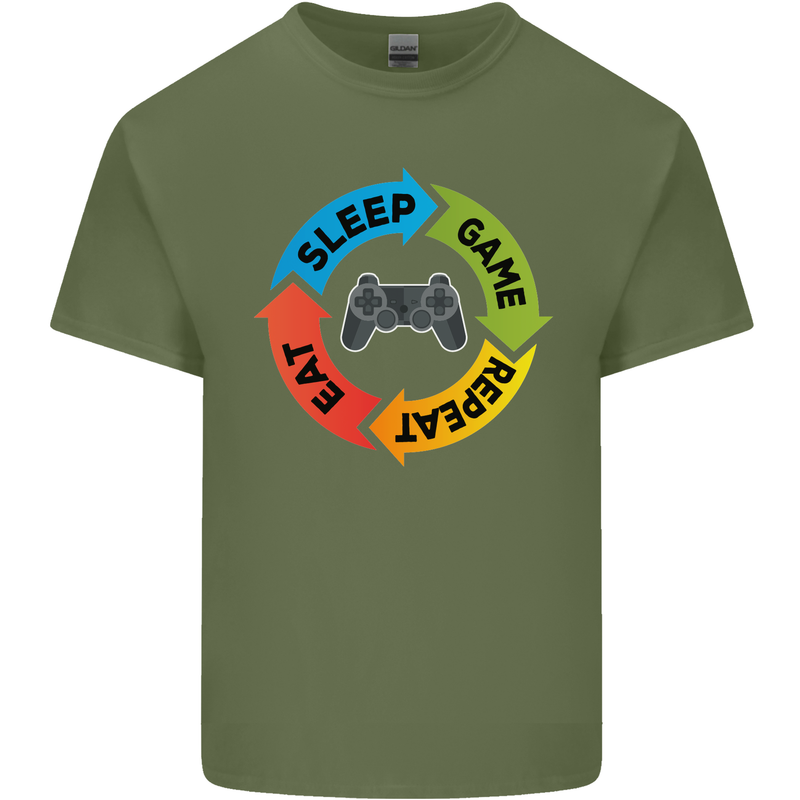 Gamming Eat Sleep Game Repeat Gamer Mens Cotton T-Shirt Tee Top Military Green