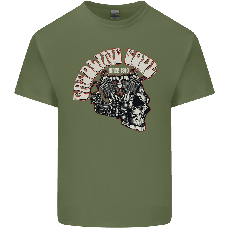 Gasoline Soul Biker Skull Motorbike Chopper Mens Cotton T-Shirt Tee Top Military Green