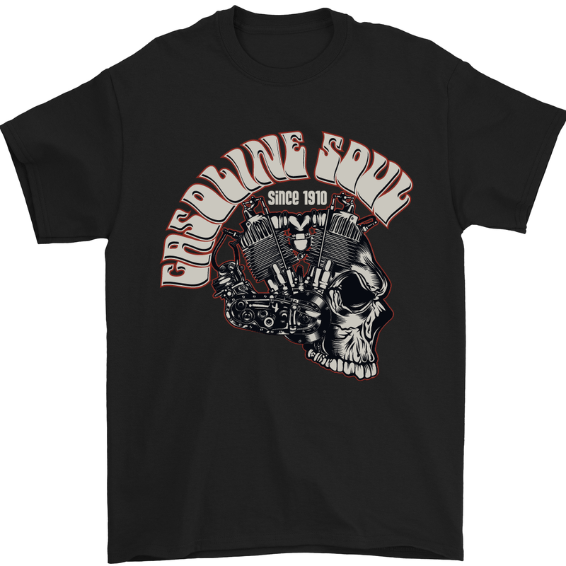 Gasoline Soul Biker Skull Motorbike Chopper Mens T-Shirt Cotton Gildan Black