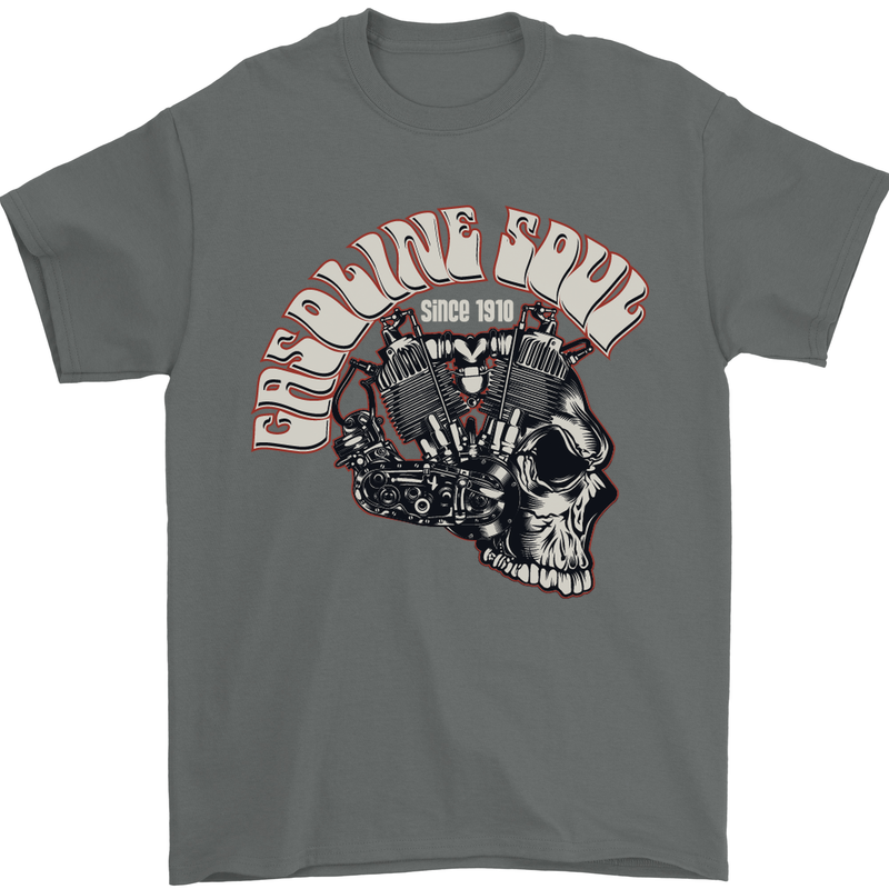 Gasoline Soul Biker Skull Motorbike Chopper Mens T-Shirt Cotton Gildan Charcoal
