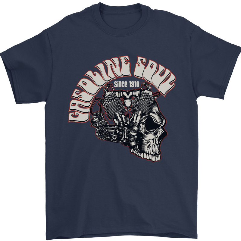 Gasoline Soul Biker Skull Motorbike Chopper Mens T-Shirt Cotton Gildan Navy Blue