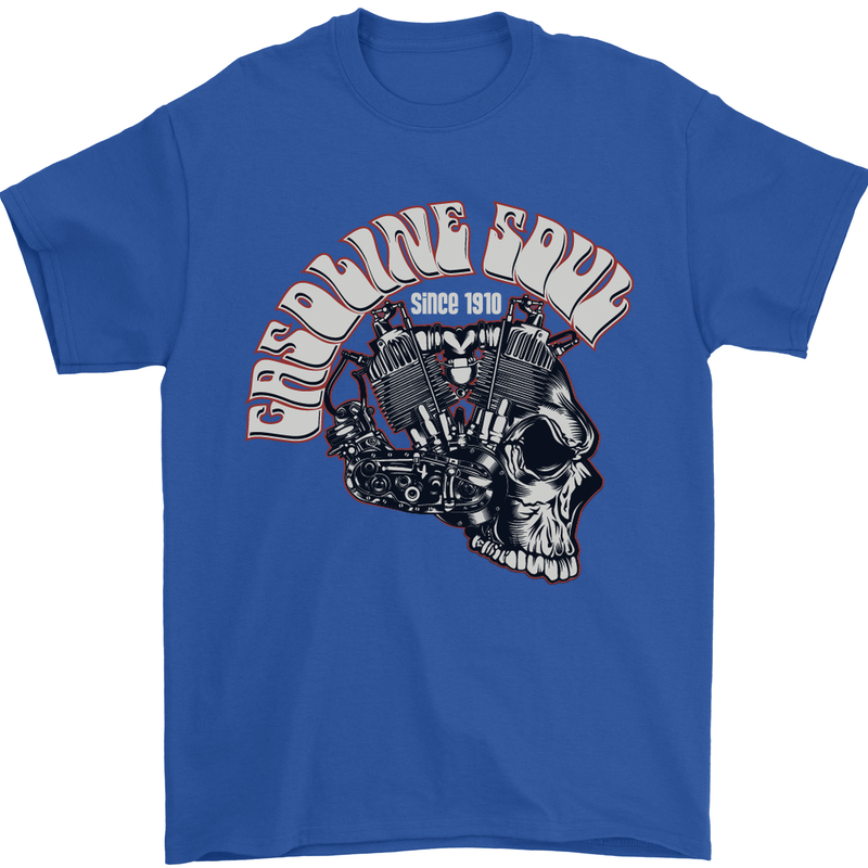 Gasoline Soul Biker Skull Motorbike Chopper Mens T-Shirt Cotton Gildan Royal Blue